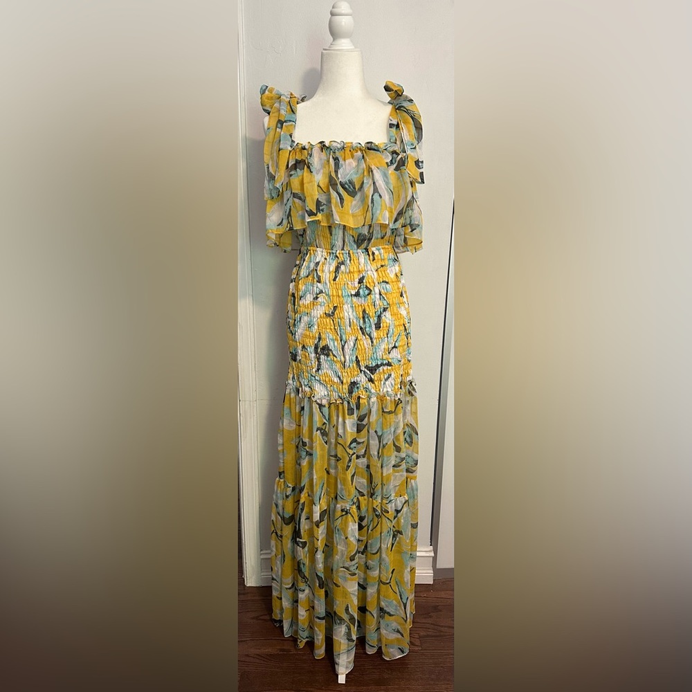 Luxxel Yellow and Blue Ribbon Lemon Print Tie Shoulder Maxi Dress